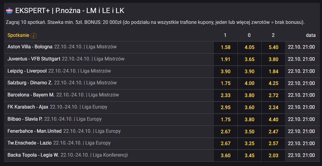 Fortuna bonusy bukmacherskie 22.10 ekspert+