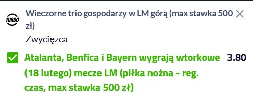 Forbet bonusy bukmacherskie na Ligę Mistrzóe 18.02 turbokurs
