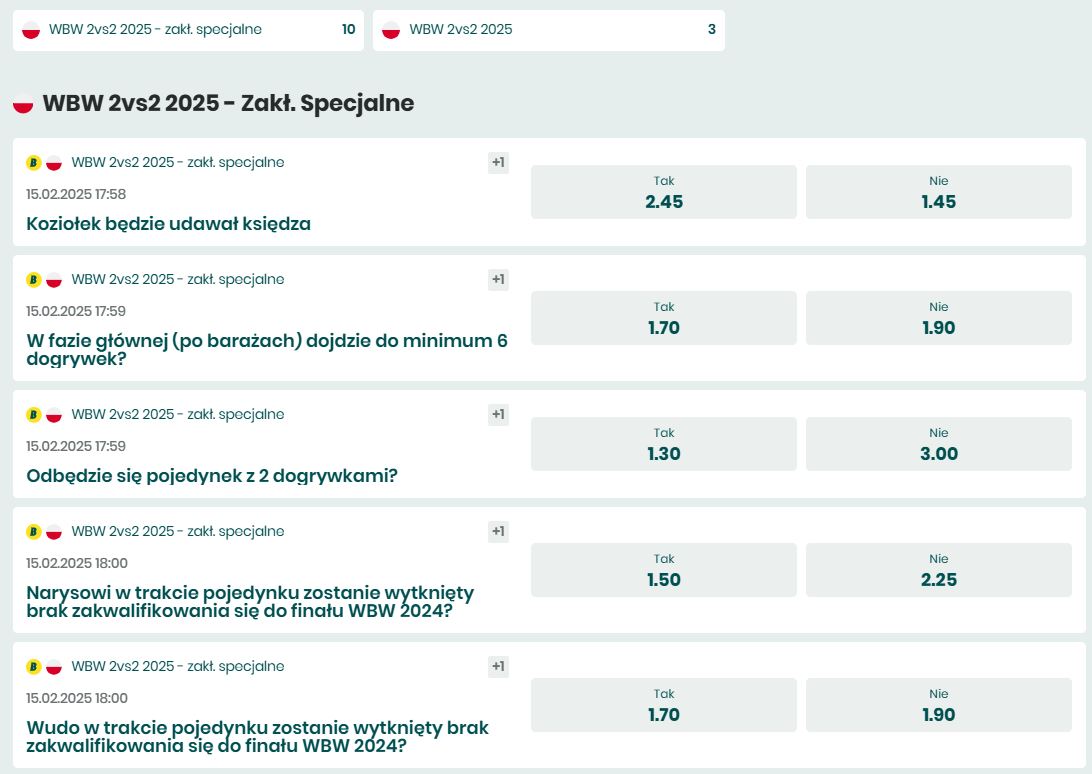 WBW 2025 zakłady bukmacherskie - zakłady specjalne