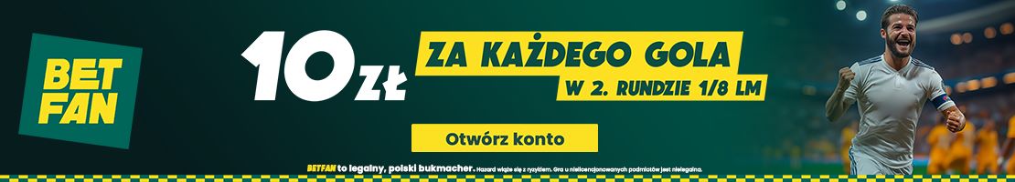 Promocja bukmacherska 10 zł za każdego gola w 2. rundzie 1/8 finału Ligi Mistrzów baner