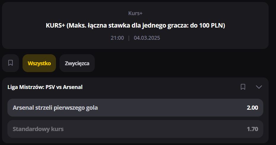 LVBET kurs+ promocja bukmacherska Liga Mistrzów 04.03