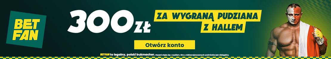 300 zł za wygraną Mariusza Pudzianowskiego z Hallem promocja bukmacherska baner